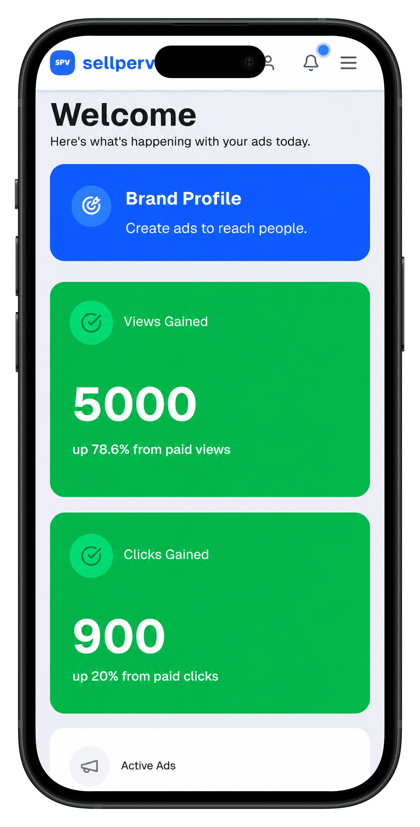 Sellperview advertiser dashboard showing campaign analytics, views gained 5000, clicks gained 900, brand profile creation