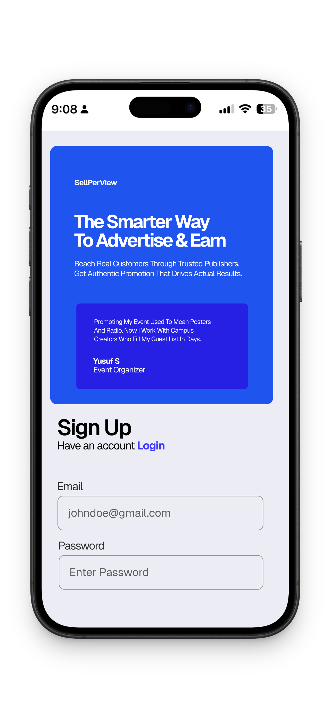 Mobile App Interface - Create Advertiser Account