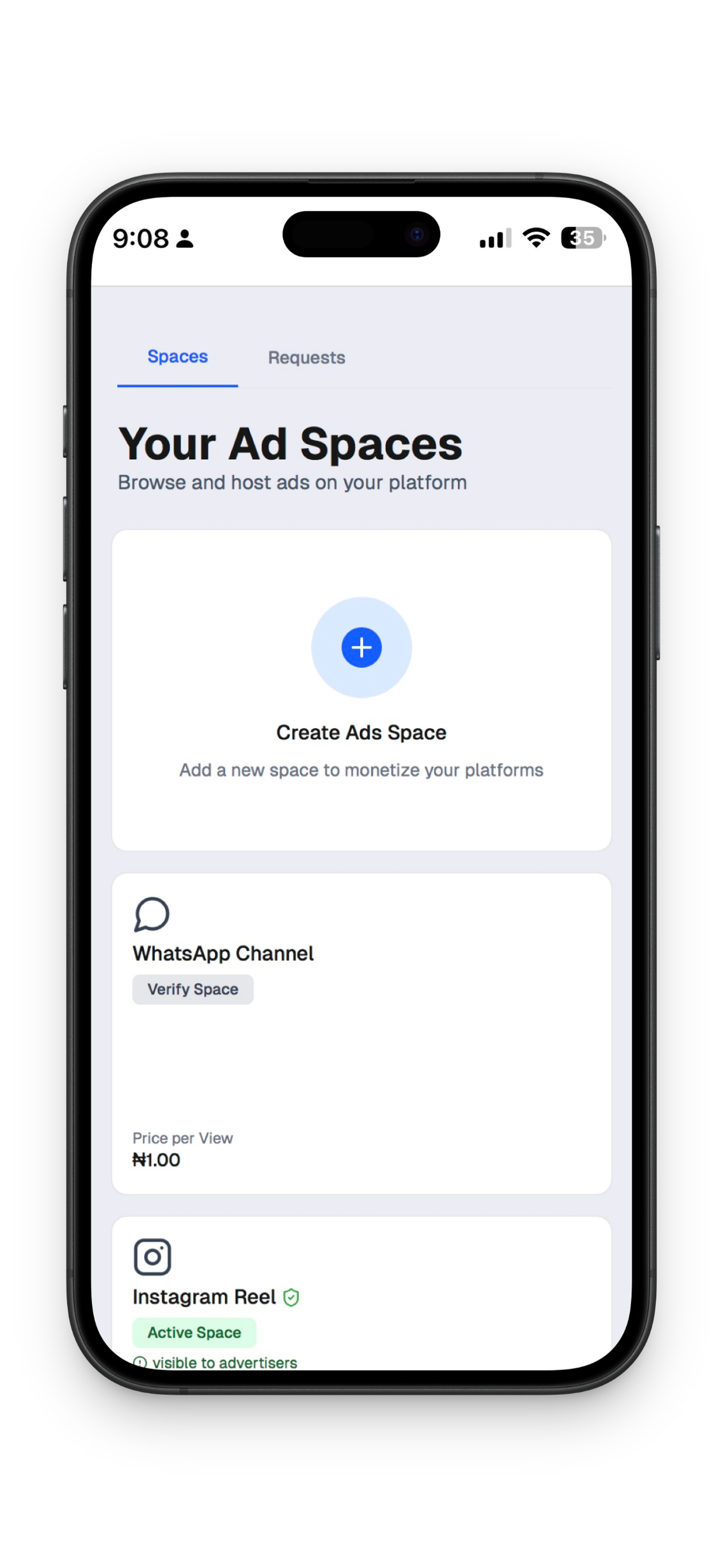 Mobile App Interface - Set Up Ad Spaces