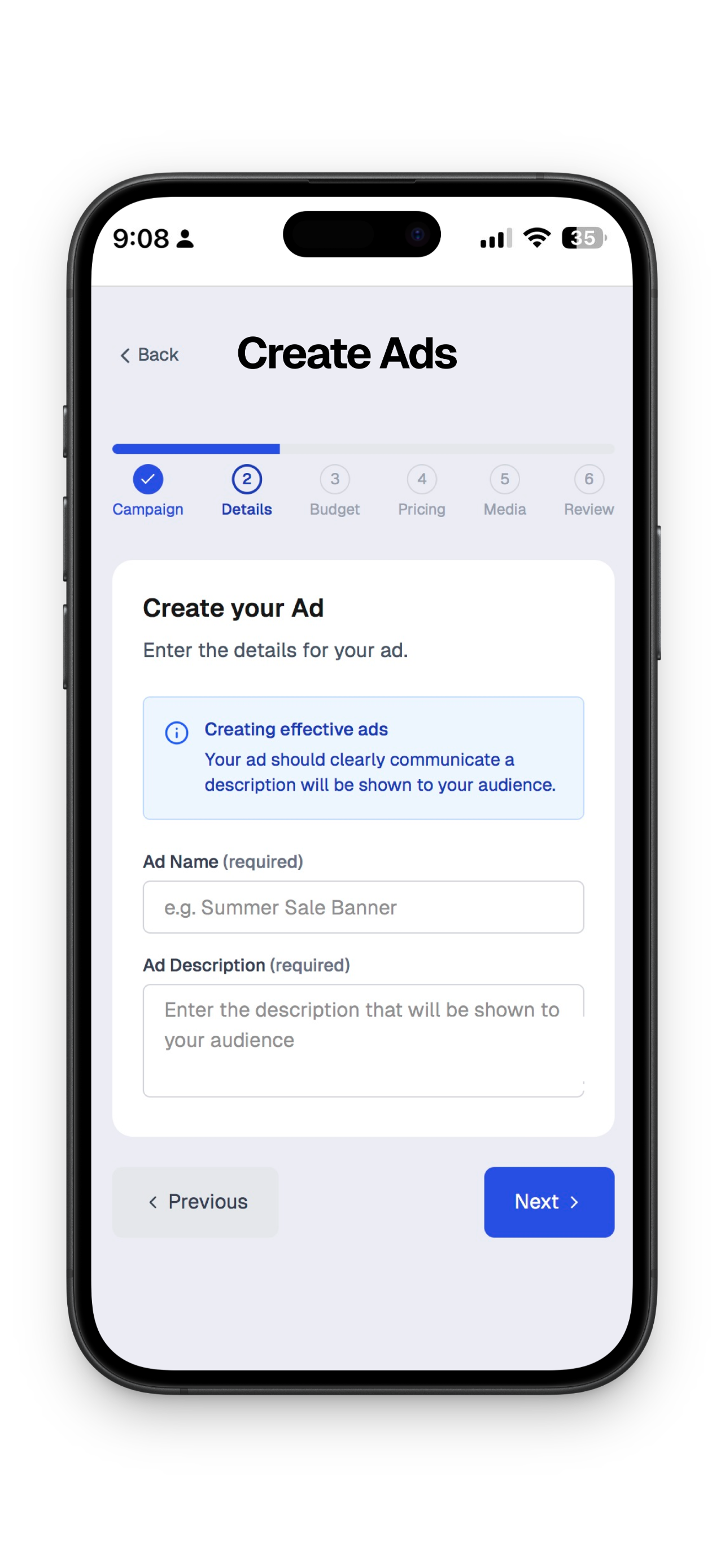 Mobile App Interface - Create Ad Campaign